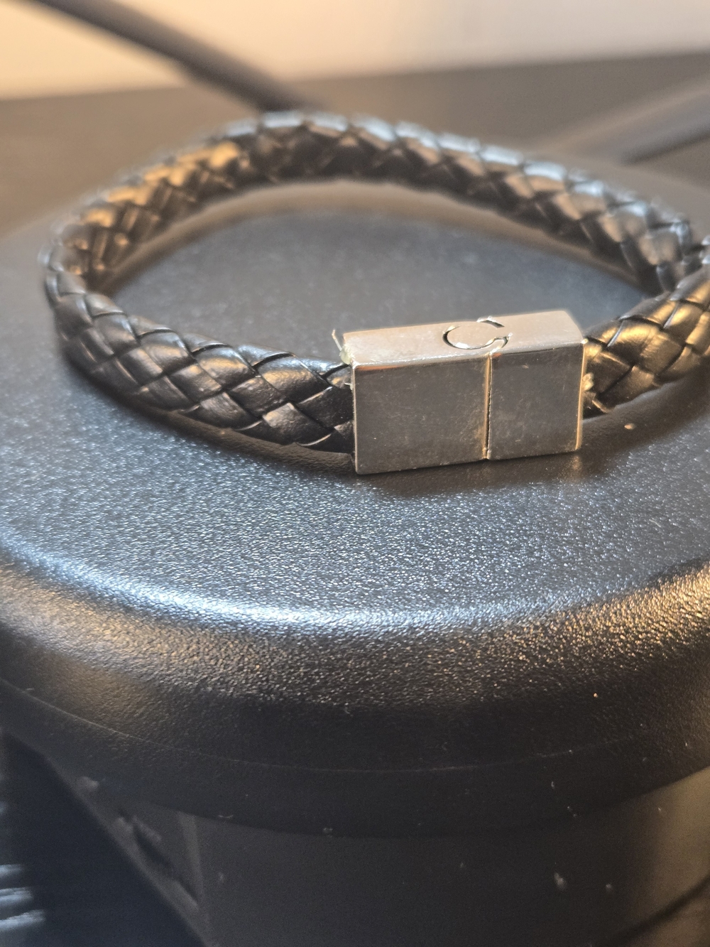 Men’s Black Braided Leather Bracelet with Silver Magnetic Clasp